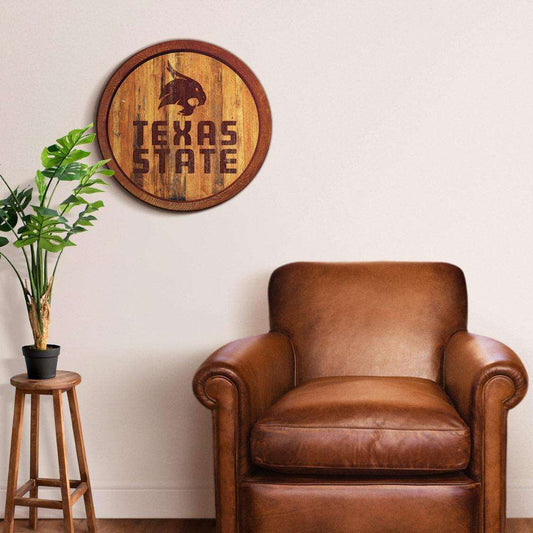 Texas State Bobcats Branded Barrel Top Sign Room View