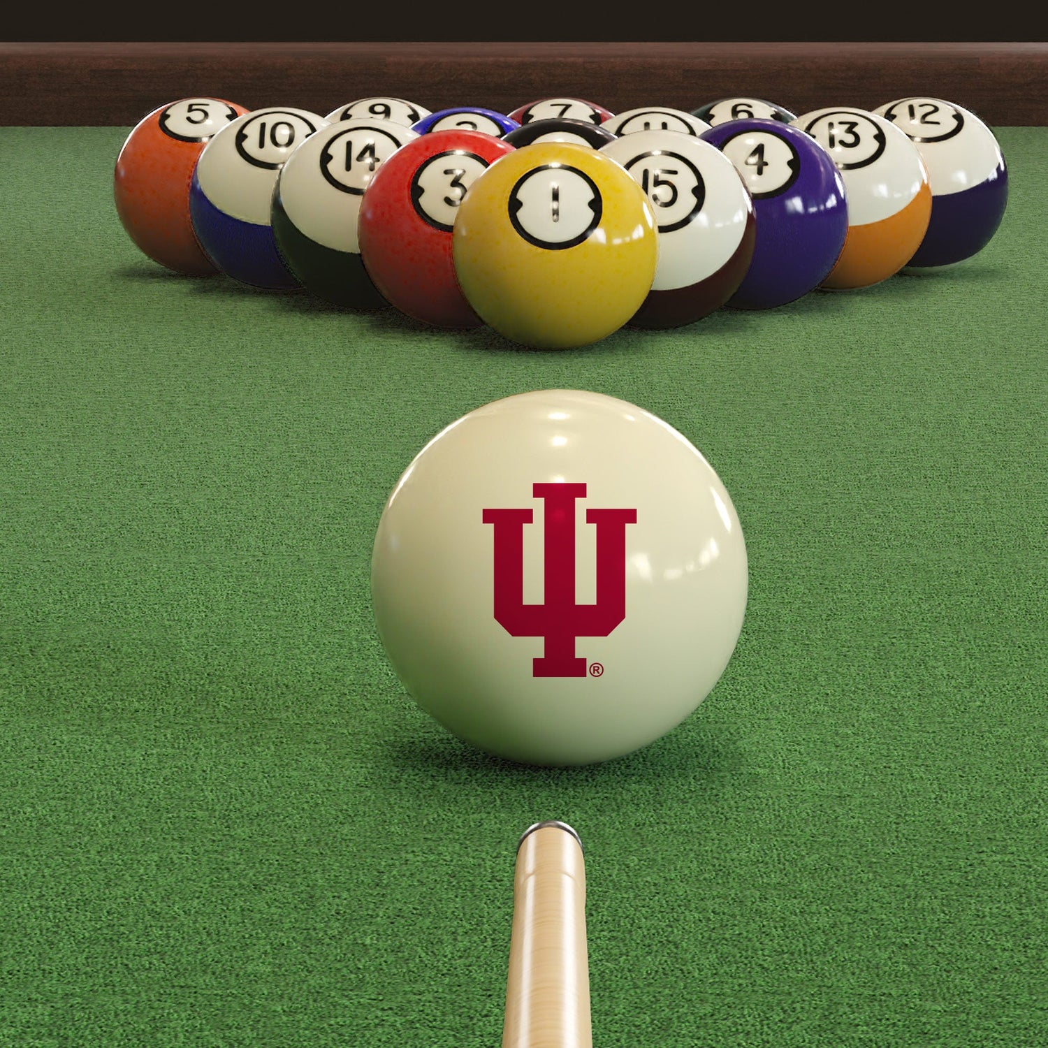 Official Indiana-Hoosiers-Pool-Cue-Ball Collegiate Cue Ball Lined Up on Green Felt Pool Table Surface with Billiard Ball Rack