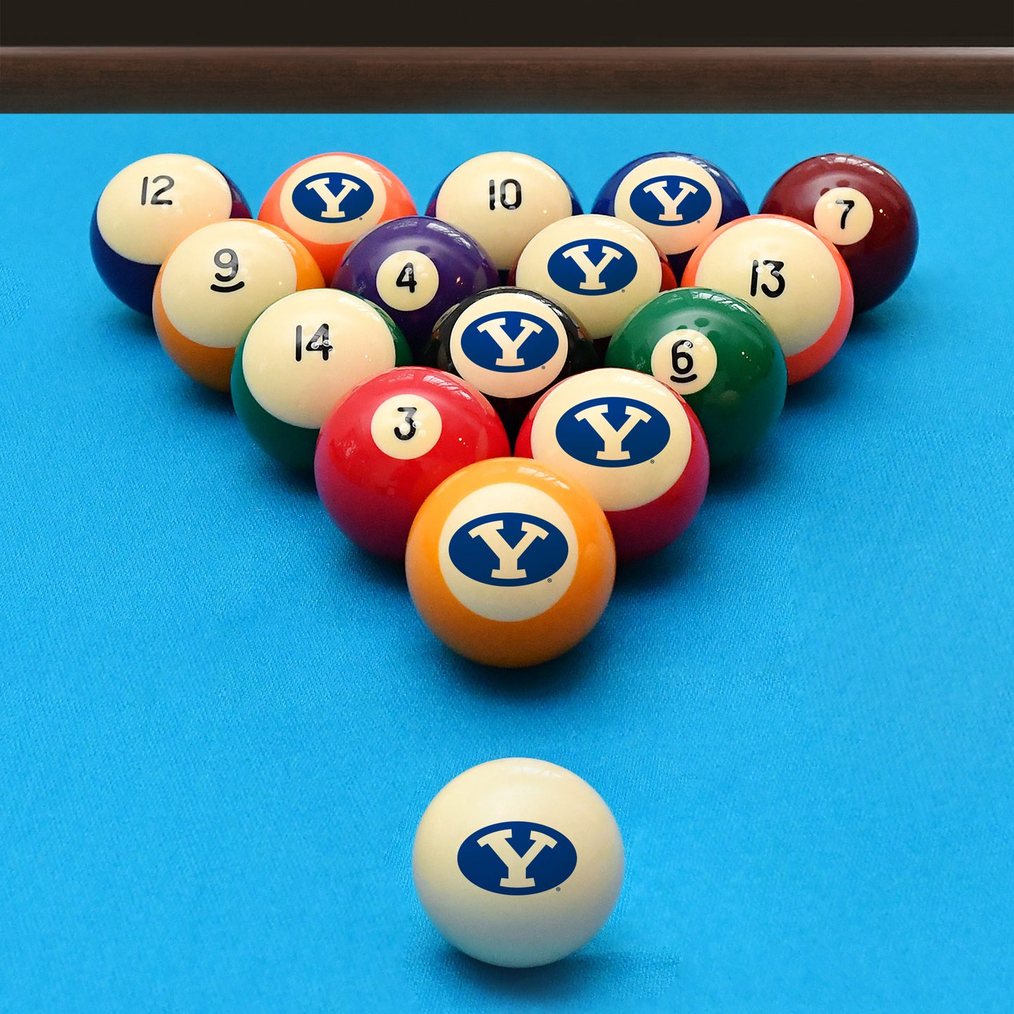 Official Byu-Cougars Collegiate Billiard Balls Set Arranged on Pool Table Slate