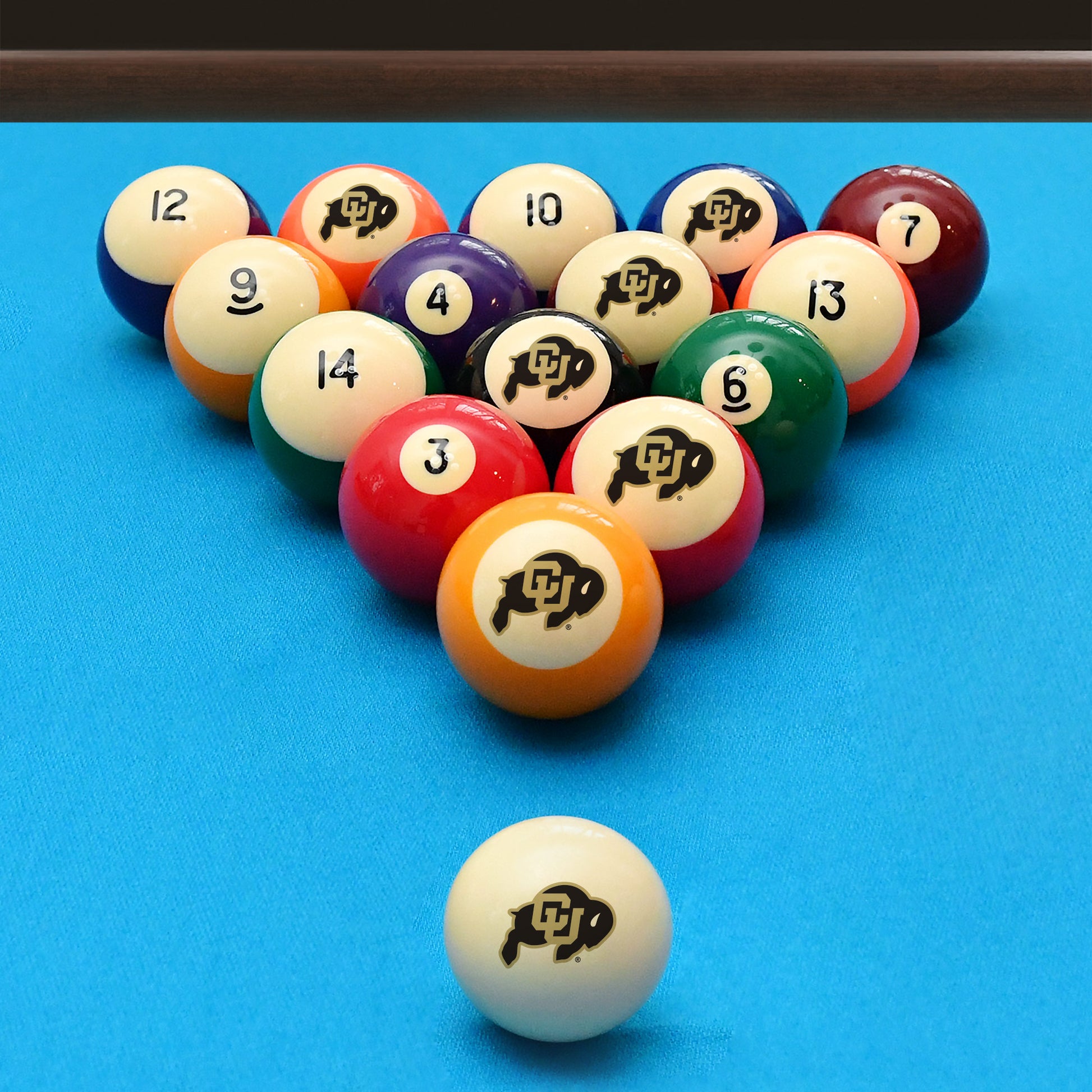 Official Colorado-Buffaloes Collegiate Billiard Balls Set Arranged on Pool Table Slate
