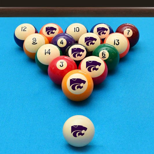 Official Kansas-State-Wildcats Collegiate Billiard Balls Set Arranged on Pool Table Slate