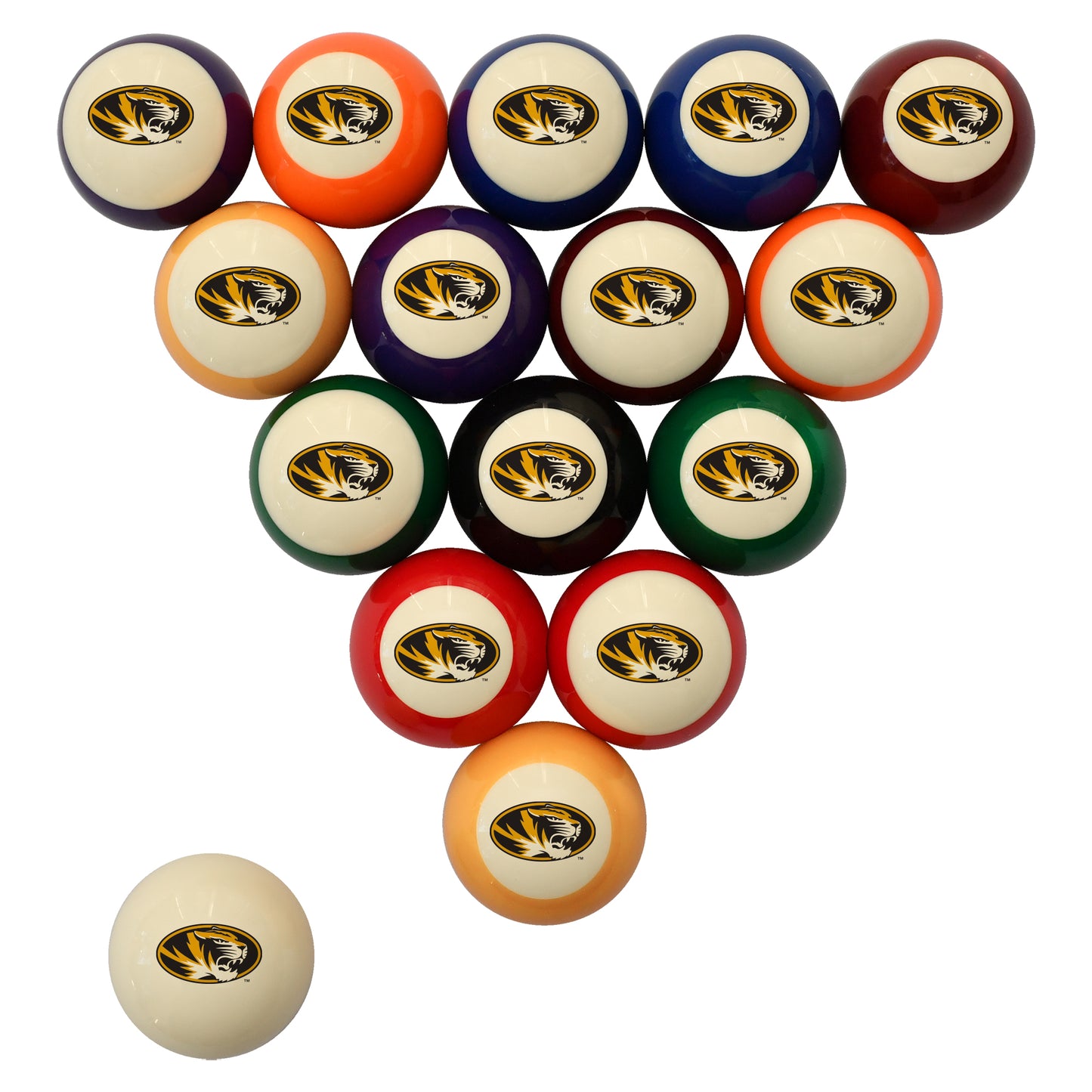 Buy Official Missouri-Tigers Regulation Billiard Ball Set - Premium College Pool Table Balls Front View