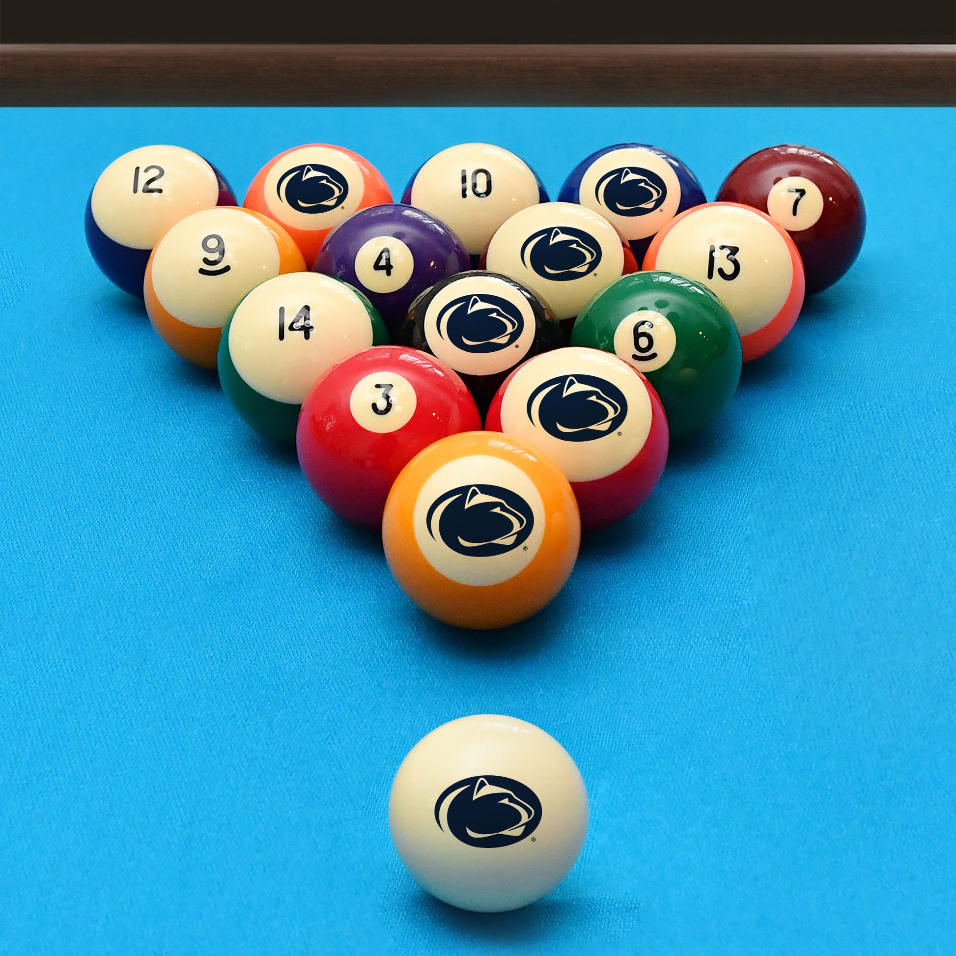 Official Penn-State-Nittany-Lions Collegiate Billiard Balls Set Arranged on Pool Table Slate