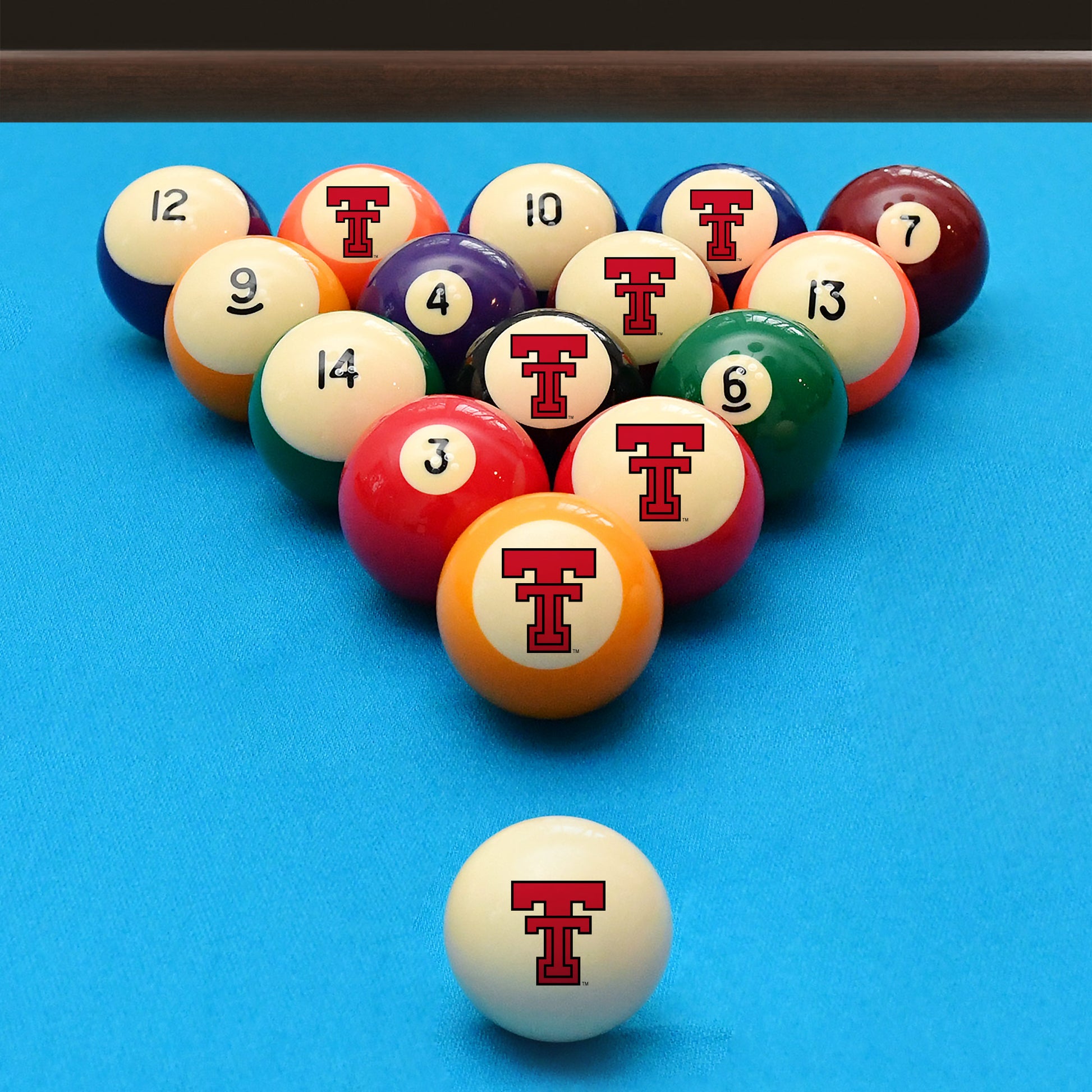 Official Texas-Tech-Red-Raiders Collegiate Billiard Balls Set Arranged on Pool Table Slate