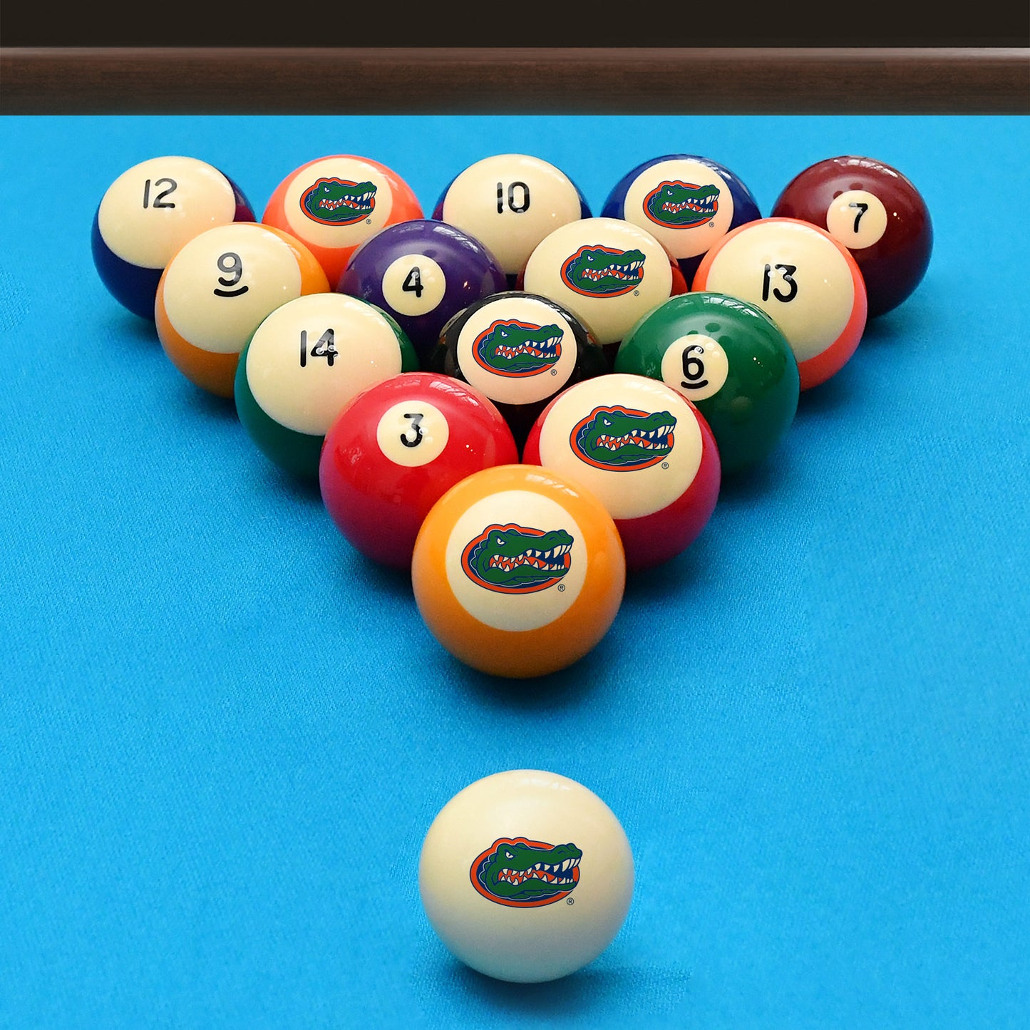 Official Florida-Gators Collegiate Billiard Balls Set Arranged on Pool Table Slate