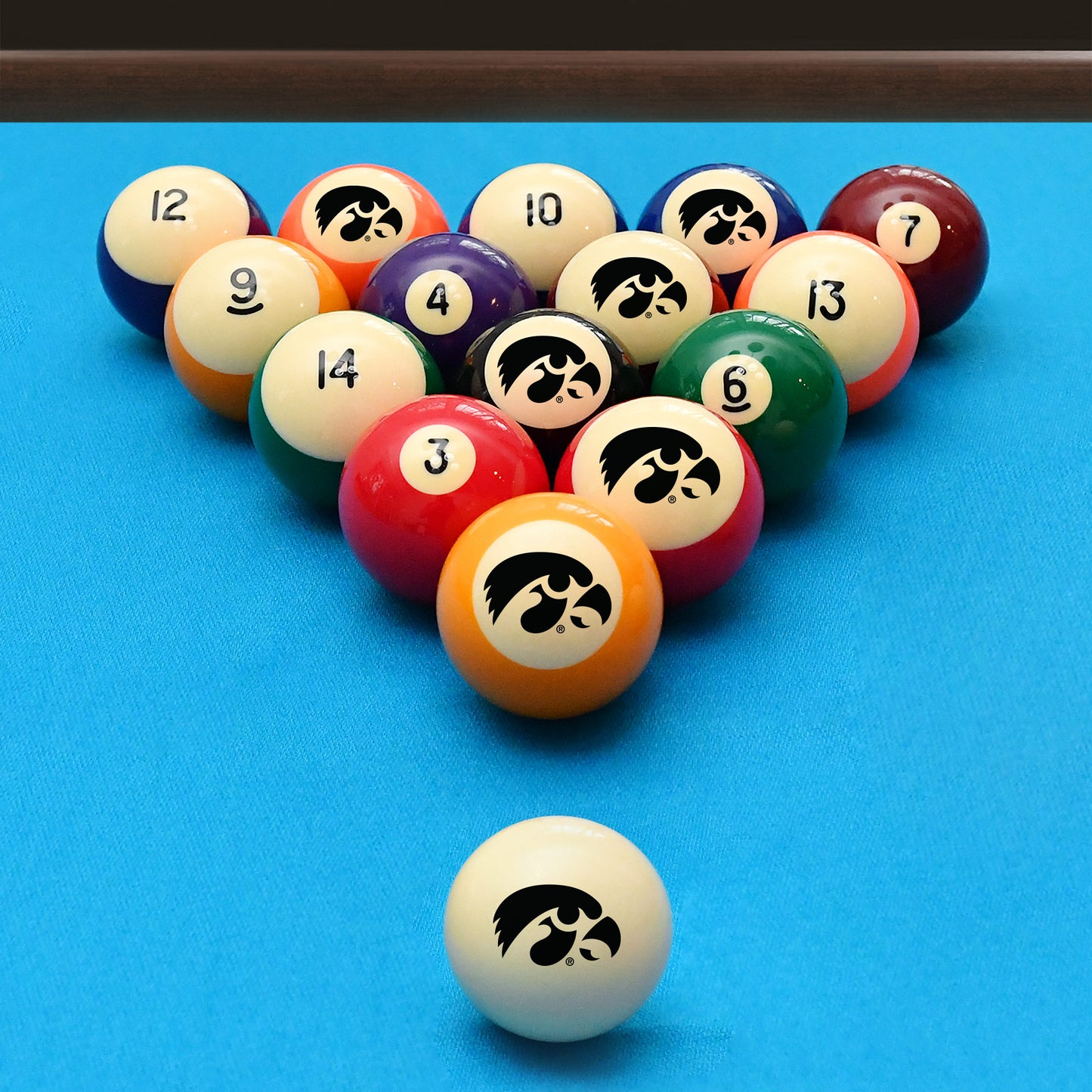 Official Iowa-Hawkeyes Collegiate Billiard Balls Set Arranged on Pool Table Slate