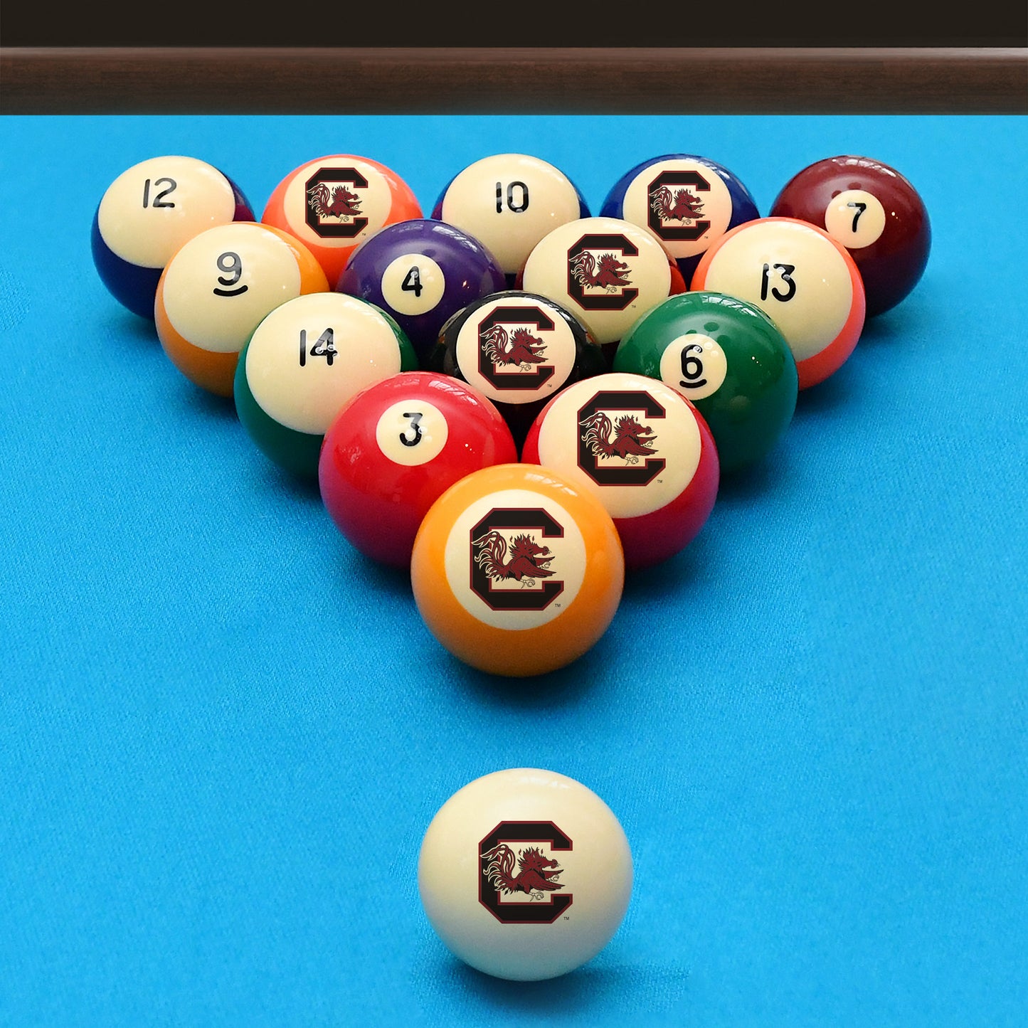 Official South-Carolina-Gamecocks Collegiate Billiard Balls Set Arranged on Pool Table Slate