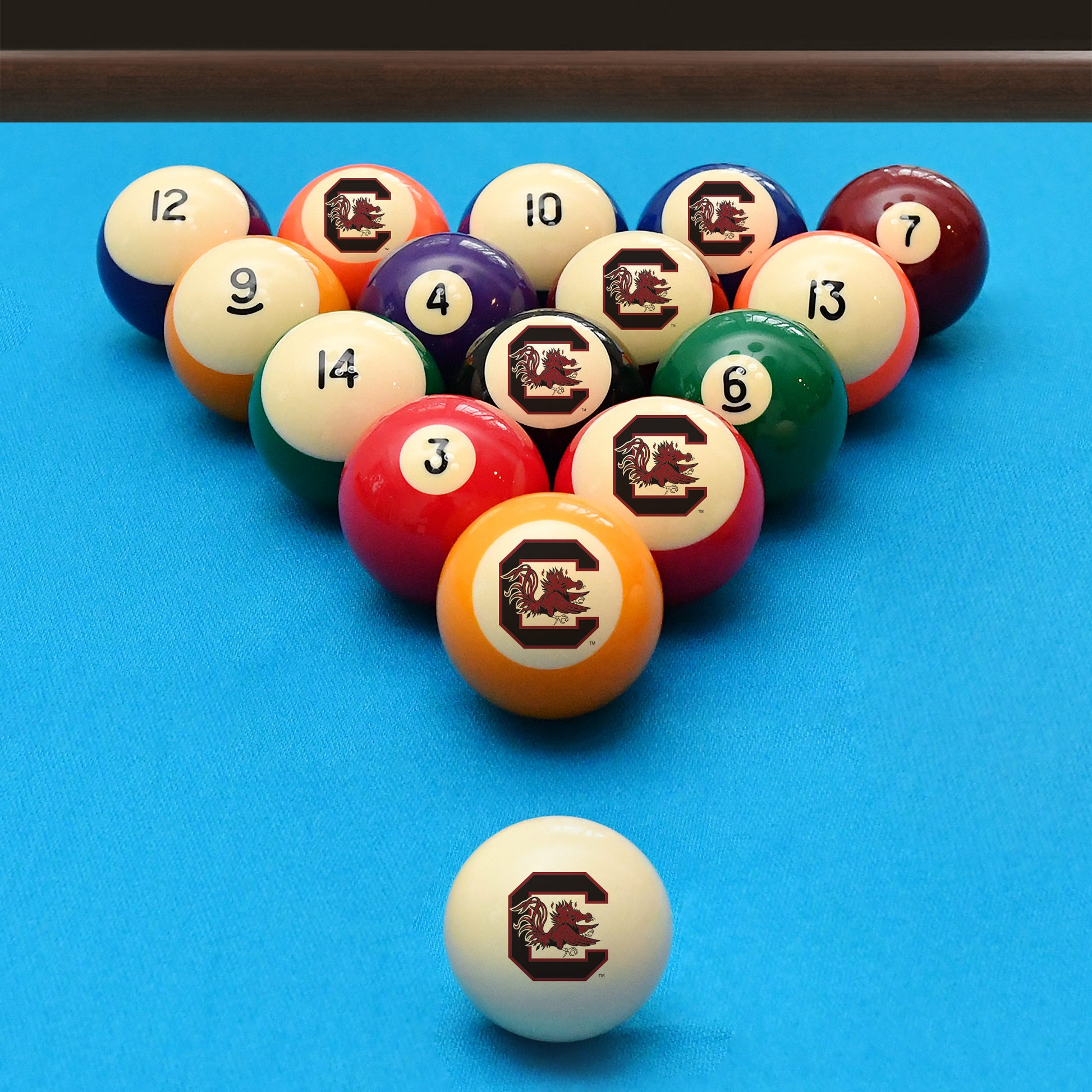 Official South-Carolina-Gamecocks Collegiate Billiard Balls Set Arranged on Pool Table Slate