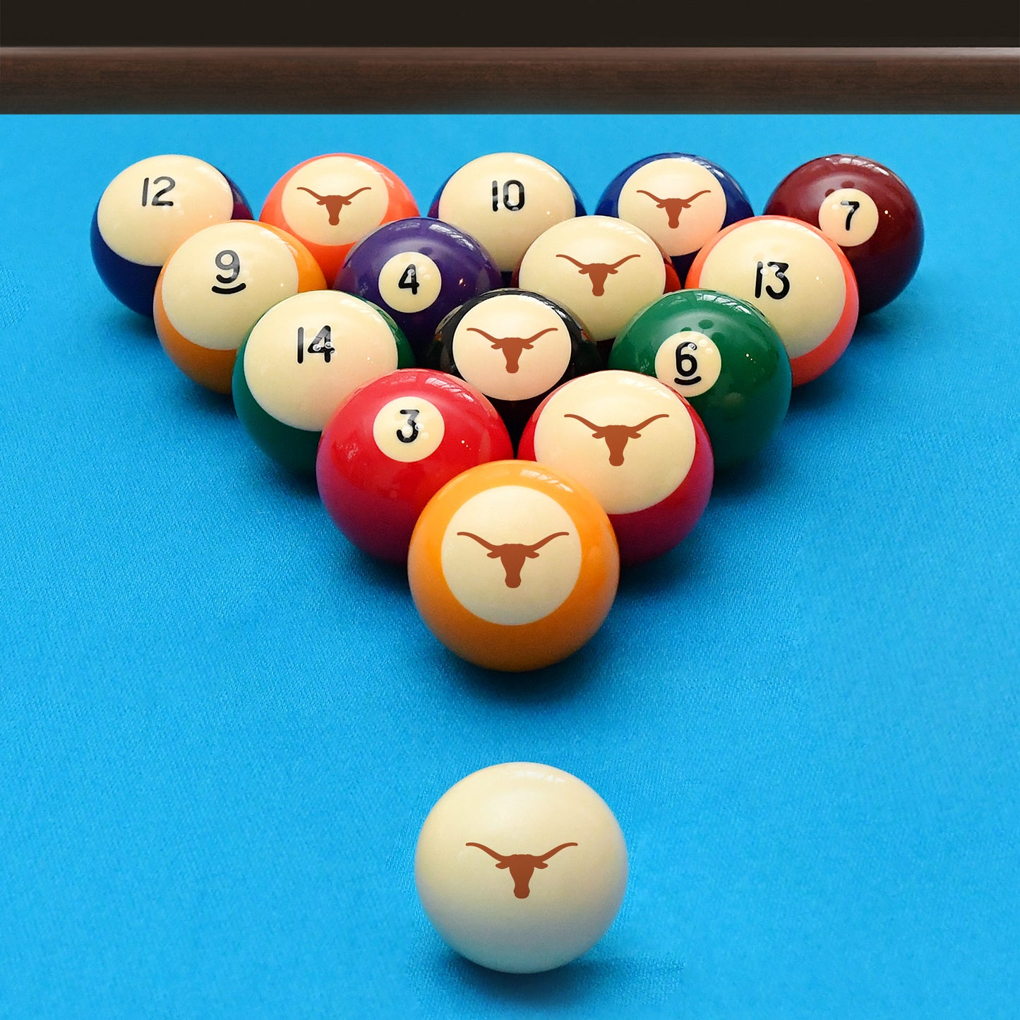 Official Texas-Longhorns Collegiate Billiard Balls Set Arranged on Pool Table Slate