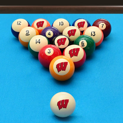Official Wisconsin-Badgers Collegiate Billiard Balls Set Arranged on Pool Table Slate
