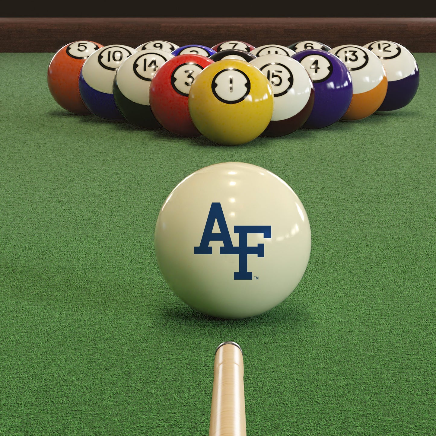 Official Air-Force-Falcons-Pool-Cue-Ball Collegiate Cue Ball Lined Up on Green Felt Pool Table Surface with Billiard Ball Rack