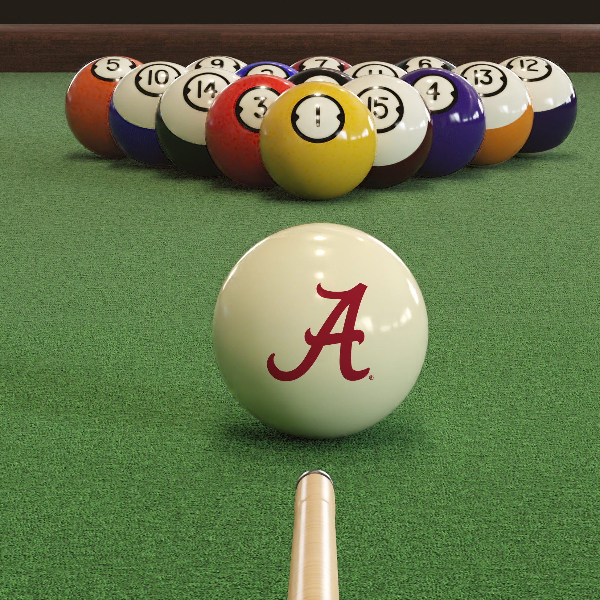 Official Alabama-Crimson-Tide-Pool-Cue-Ball Collegiate Cue Ball Lined Up on Green Felt Pool Table Surface with Billiard Ball Rack