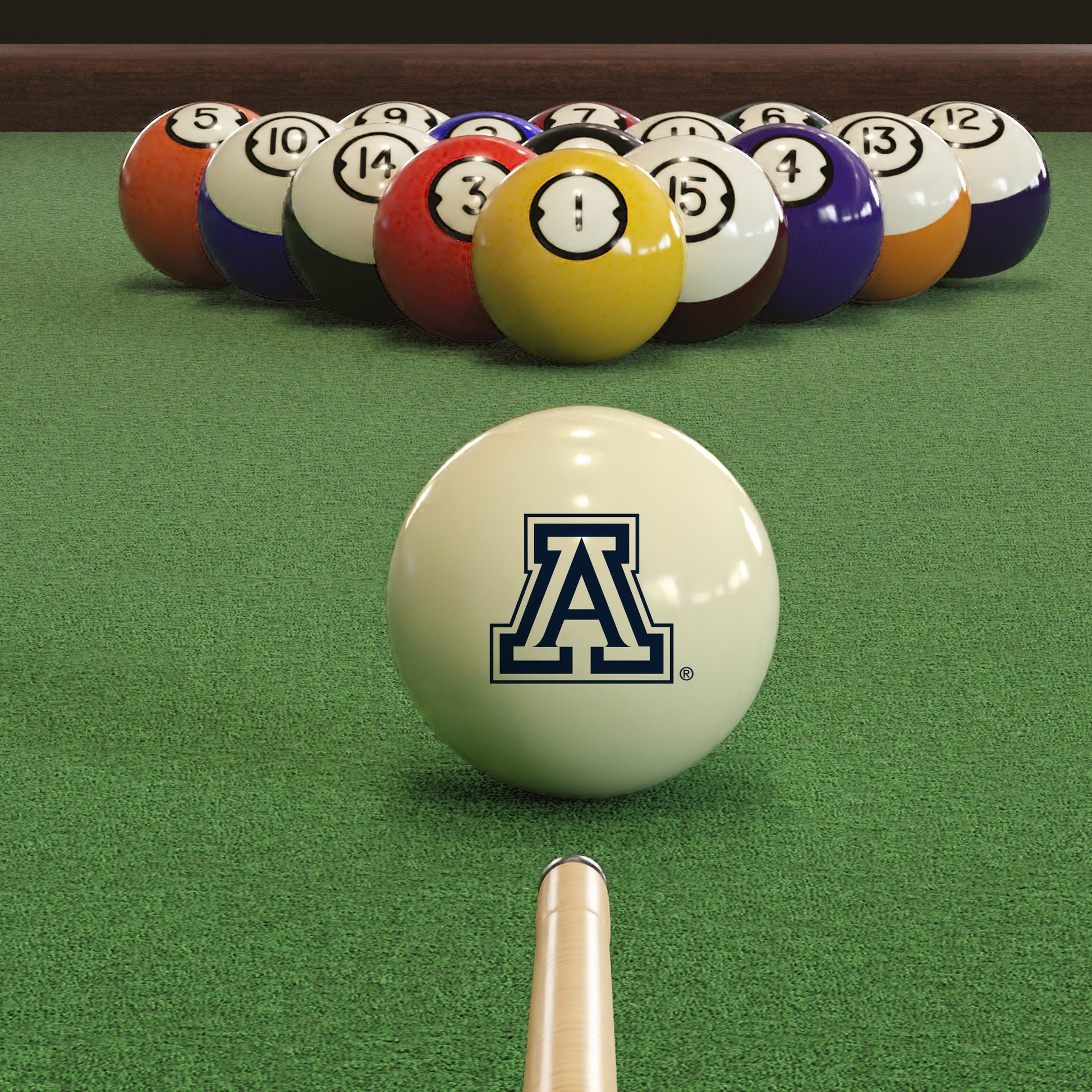 Official Arizona-Wildcats-Pool-Cue-Ball Collegiate Cue Ball Lined Up on Green Felt Pool Table Surface with Billiard Ball Rack