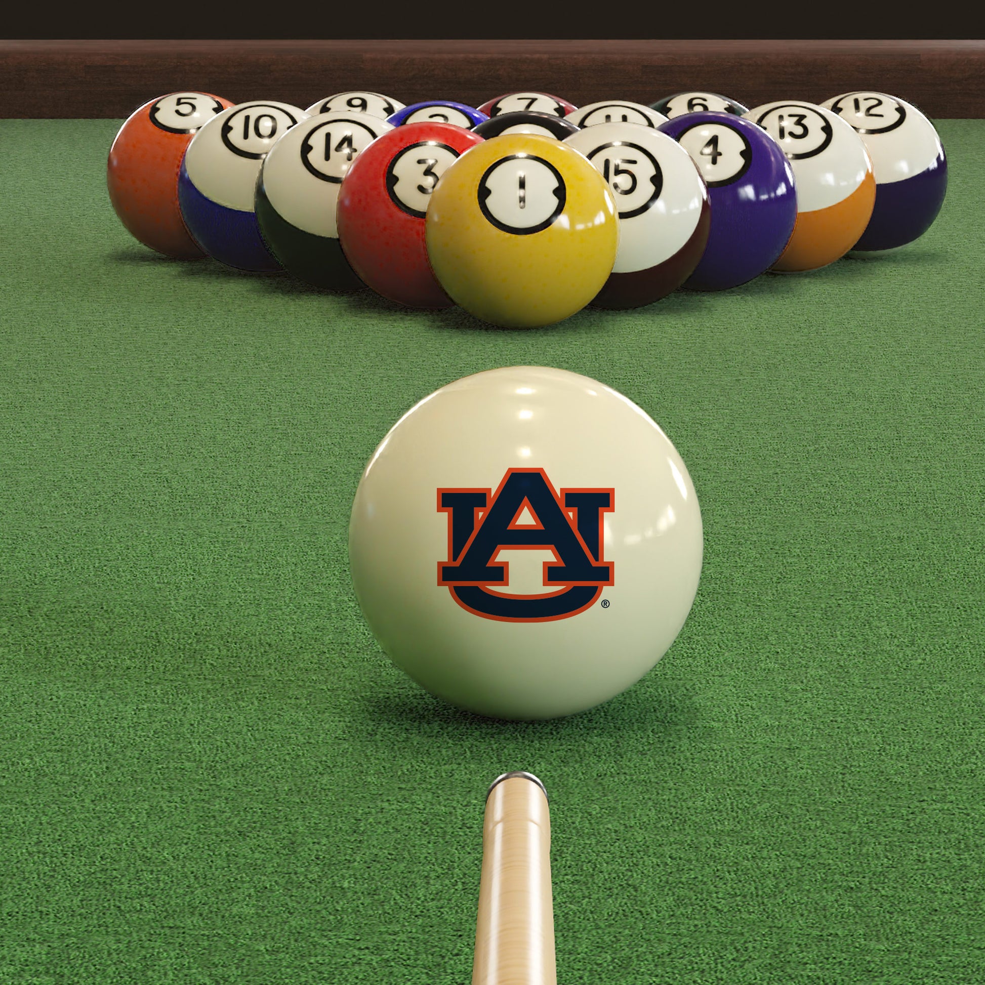 Official Auburn-Tigers-Pool-Cue-Ball Collegiate Cue Ball Lined Up on Green Felt Pool Table Surface with Billiard Ball Rack