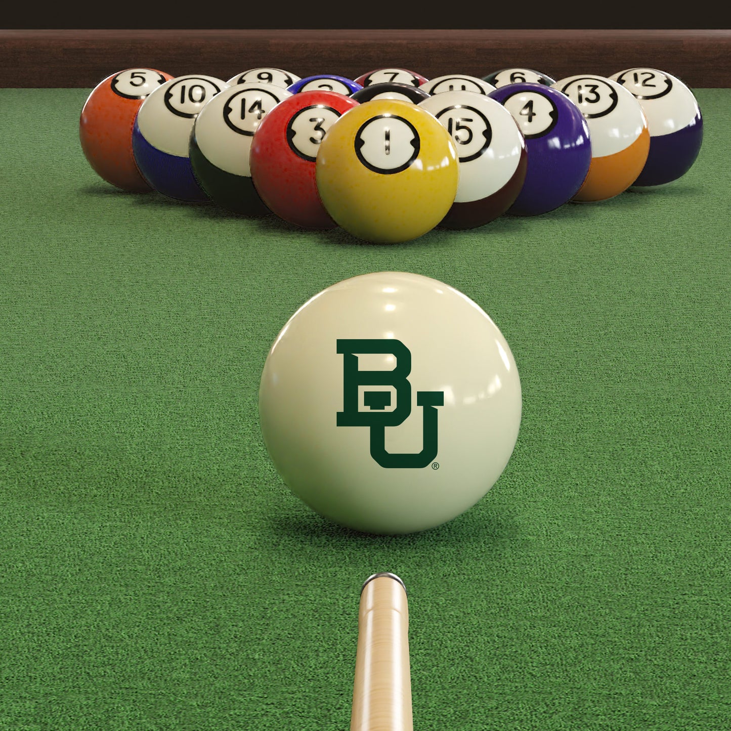 Official Baylor-Bears-Pool-Cue-Ball Collegiate Cue Ball Lined Up on Green Felt Pool Table Surface with Billiard Ball Rack