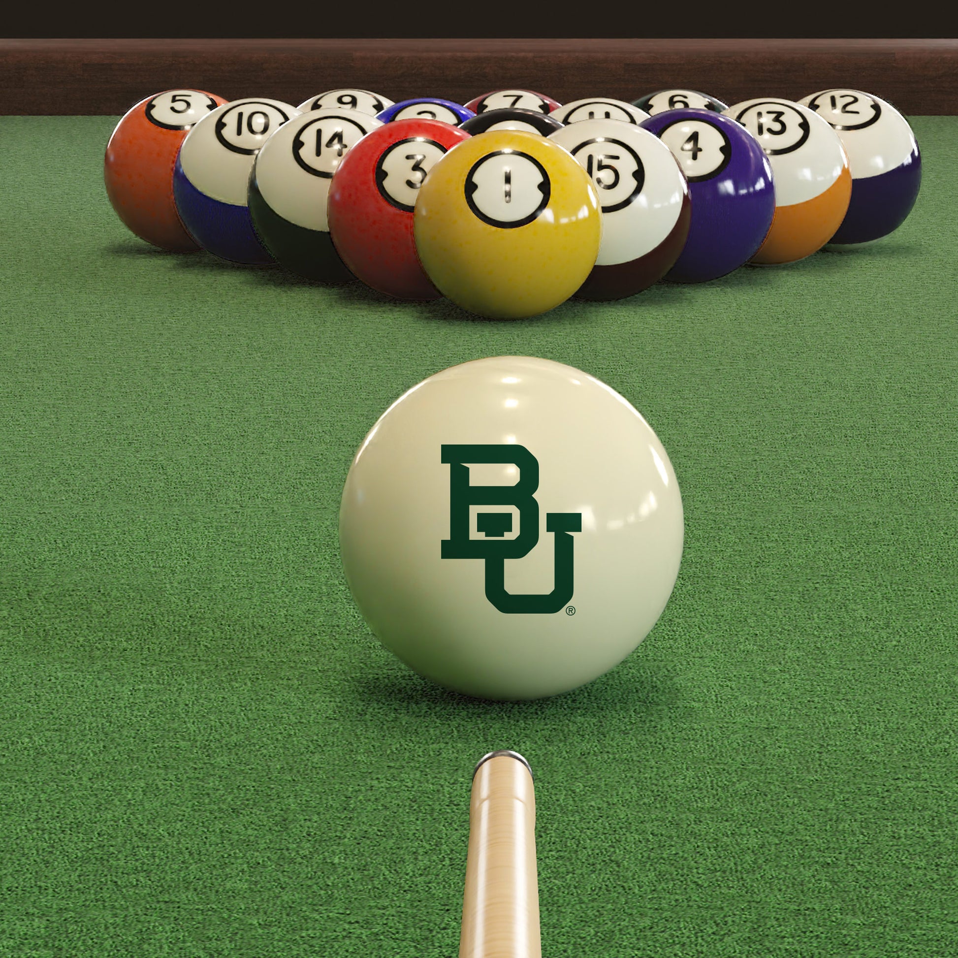 Official Baylor-Bears-Pool-Cue-Ball Collegiate Cue Ball Lined Up on Green Felt Pool Table Surface with Billiard Ball Rack