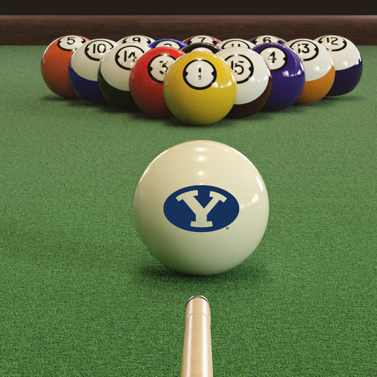 Official Byu-Cougars-Pool-Cue-Ball Collegiate Cue Ball Lined Up on Green Felt Pool Table Surface with Billiard Ball Rack