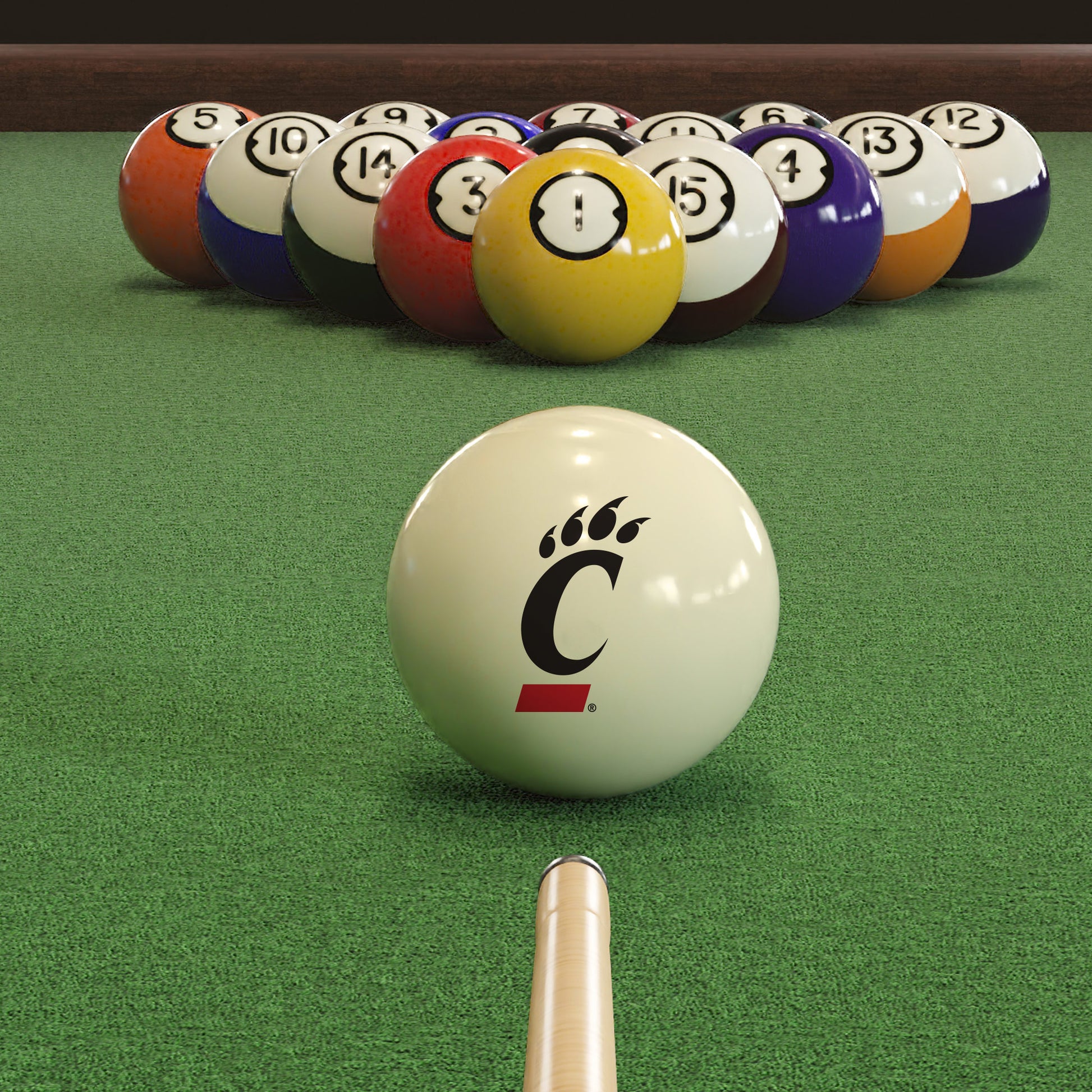 Official Cincinnati-Bearcats-Pool-Cue-Ball Collegiate Cue Ball Lined Up on Green Felt Pool Table Surface with Billiard Ball Rack