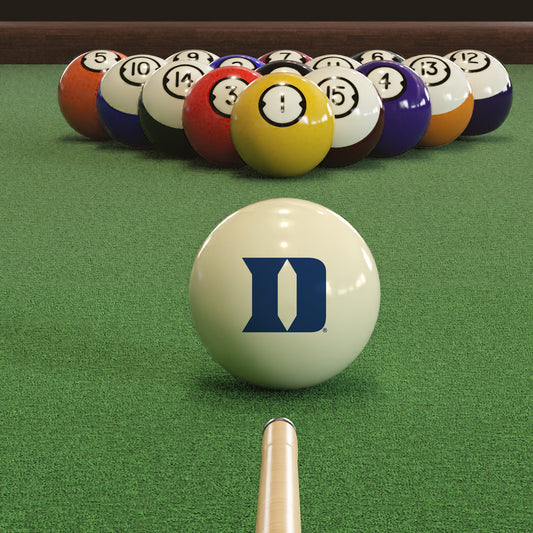 Official Duke-Blue-Devils-Pool-Cue-Ball Collegiate Cue Ball Lined Up on Green Felt Pool Table Surface with Billiard Ball Rack