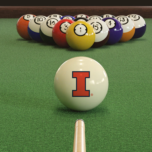 Official Illinois-Fighting-Illini-Pool-Cue-Ball Collegiate Cue Ball Lined Up on Green Felt Pool Table Surface with Billiard Ball Rack
