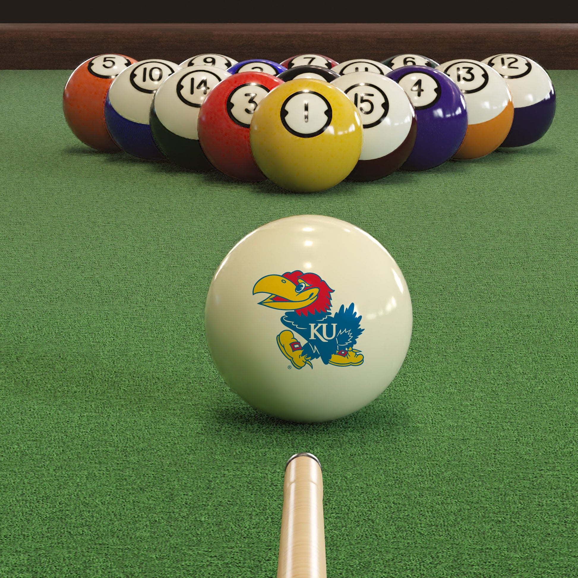 Official Kansas-Jayhawks-Pool-Cue-Ball Collegiate Cue Ball Lined Up on Green Felt Pool Table Surface with Billiard Ball Rack