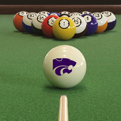 Official Kansas-State-Wildcats-Pool-Cue-Ball Collegiate Cue Ball Lined Up on Green Felt Pool Table Surface with Billiard Ball Rack