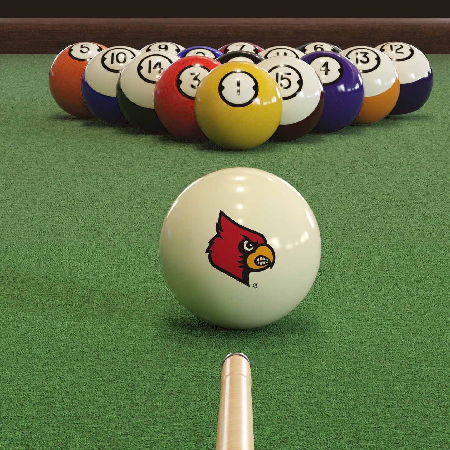 Official Louisville-Cardinals-Pool-Cue-Ball Collegiate Cue Ball Lined Up on Green Felt Pool Table Surface with Billiard Ball Rack
