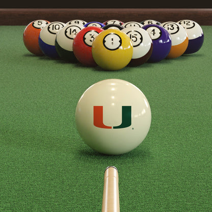 Official Miami-Hurricanes-Pool-Cue-Ball Collegiate Cue Ball Lined Up on Green Felt Pool Table Surface with Billiard Ball Rack