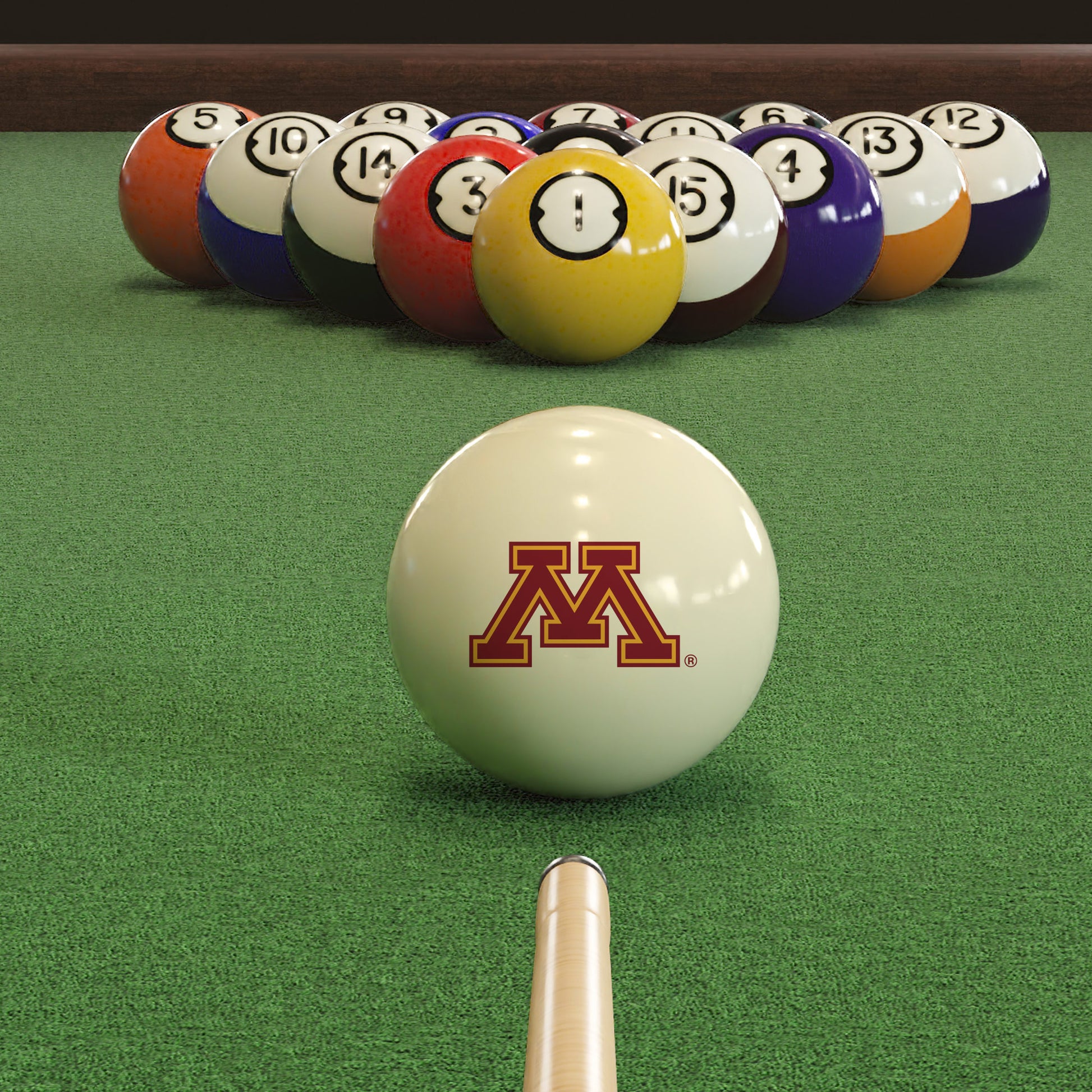 Official Minnesota-Golden-Gophers-Pool-Cue-Ball Collegiate Cue Ball Lined Up on Green Felt Pool Table Surface with Billiard Ball Rack