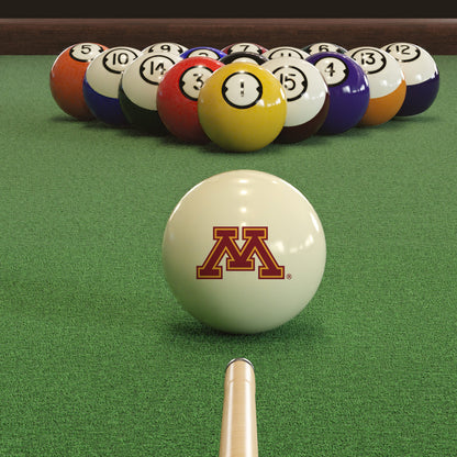 Official Minnesota-Golden-Gophers-Pool-Cue-Ball Collegiate Cue Ball Lined Up on Green Felt Pool Table Surface with Billiard Ball Rack