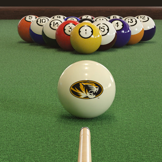 Official Missouri-Tigers-Pool-Cue-Ball Collegiate Cue Ball Lined Up on Green Felt Pool Table Surface with Billiard Ball Rack