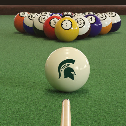 Official Michigan-State-Spartans-Pool-Cue-Ball Collegiate Cue Ball Lined Up on Green Felt Pool Table Surface with Billiard Ball Rack