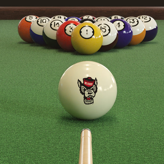 Official Nc-State-Wolfpack-Pool-Cue-Ball Collegiate Cue Ball Lined Up on Green Felt Pool Table Surface with Billiard Ball Rack