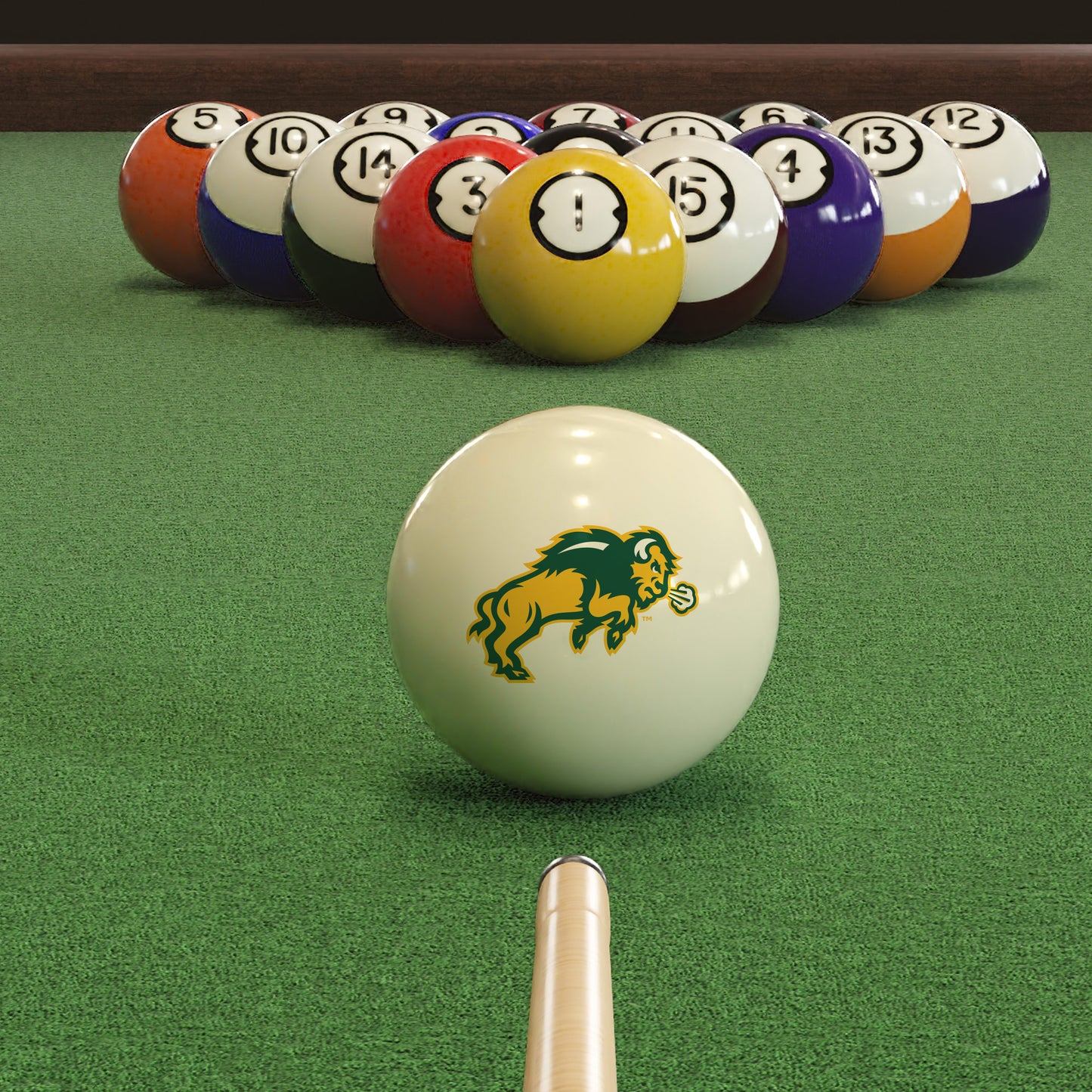 Official North-Dakota-State-Bison-Pool-Cue-Ball Collegiate Cue Ball Lined Up on Green Felt Pool Table Surface with Billiard Ball Rack