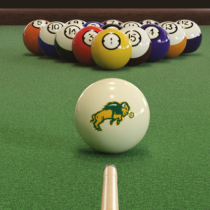 Official North-Dakota-State-Bison-Pool-Cue-Ball Collegiate Cue Ball Lined Up on Green Felt Pool Table Surface with Billiard Ball Rack