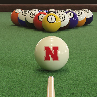 Official Nebraska-Cornhuskers-Pool-Cue-Ball Collegiate Cue Ball Lined Up on Green Felt Pool Table Surface with Billiard Ball Rack