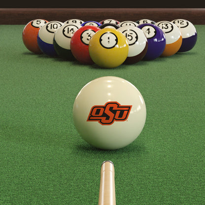 Official Oklahoma-State-Cowboys-Pool-Cue-Ball Collegiate Cue Ball Lined Up on Green Felt Pool Table Surface with Billiard Ball Rack