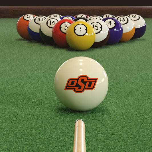 Official Oklahoma-State-Cowboys-Pool-Cue-Ball Collegiate Cue Ball Lined Up on Green Felt Pool Table Surface with Billiard Ball Rack