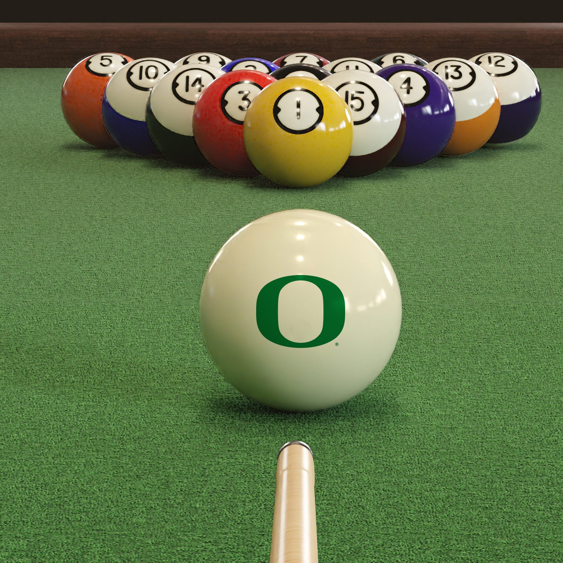 Official Oregon-Ducks-Pool-Cue-Ball Collegiate Cue Ball Lined Up on Green Felt Pool Table Surface with Billiard Ball Rack