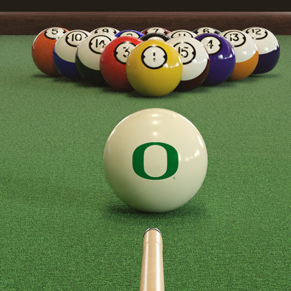 Official Oregon-Ducks-Pool-Cue-Ball Collegiate Cue Ball Lined Up on Green Felt Pool Table Surface with Billiard Ball Rack