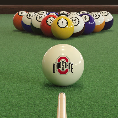 Official Ohio-State-Buckeyes-Pool-Cue-Ball Collegiate Cue Ball Lined Up on Green Felt Pool Table Surface with Billiard Ball Rack