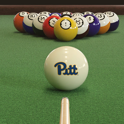 Official Pittsburgh-Panthers-Pool-Cue-Ball Collegiate Cue Ball Lined Up on Green Felt Pool Table Surface with Billiard Ball Rack