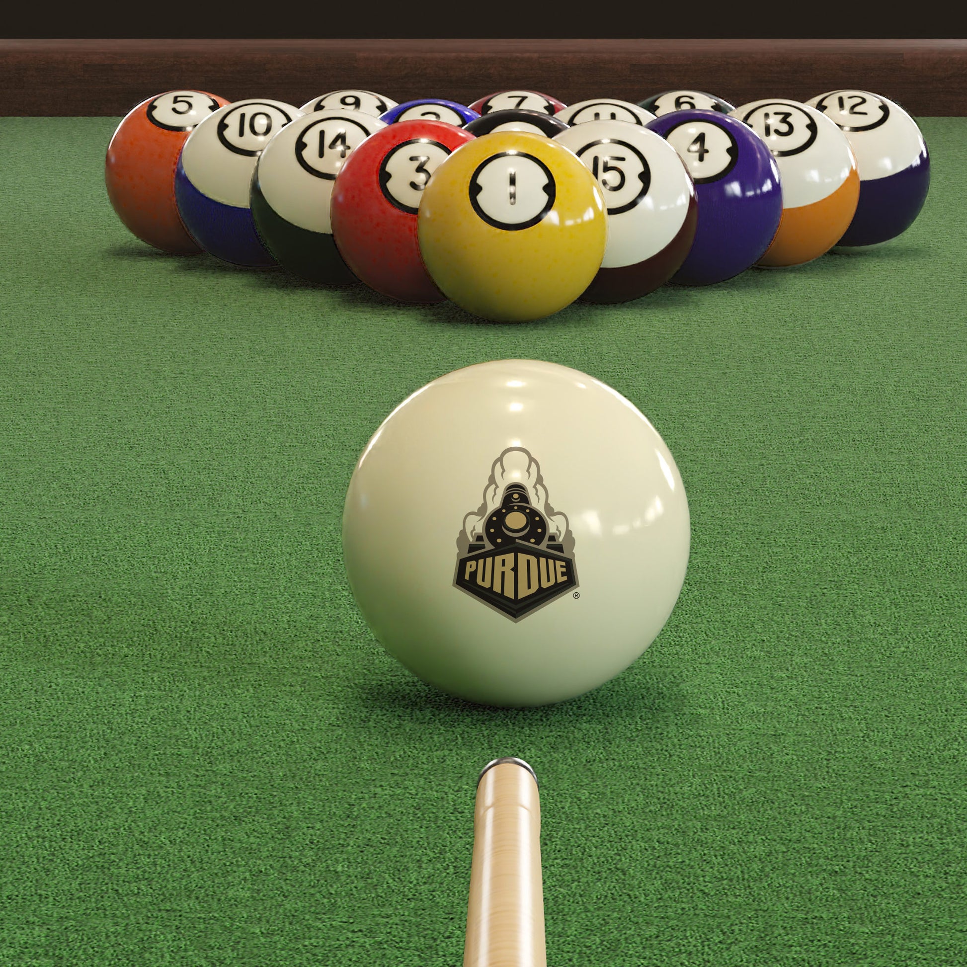 Official Purdue-Boilermakers-Pool-Cue-Ball Collegiate Cue Ball Lined Up on Green Felt Pool Table Surface with Billiard Ball Rack