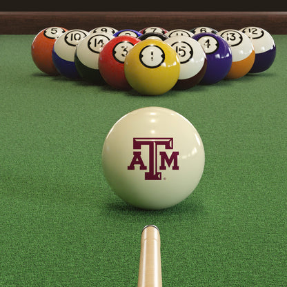 Official Texas-Am-Aggies-Pool-Cue-Ball Collegiate Cue Ball Lined Up on Green Felt Pool Table Surface with Billiard Ball Rack