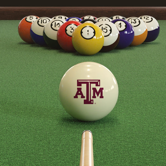 Official Texas-Am-Aggies-Pool-Cue-Ball Collegiate Cue Ball Lined Up on Green Felt Pool Table Surface with Billiard Ball Rack