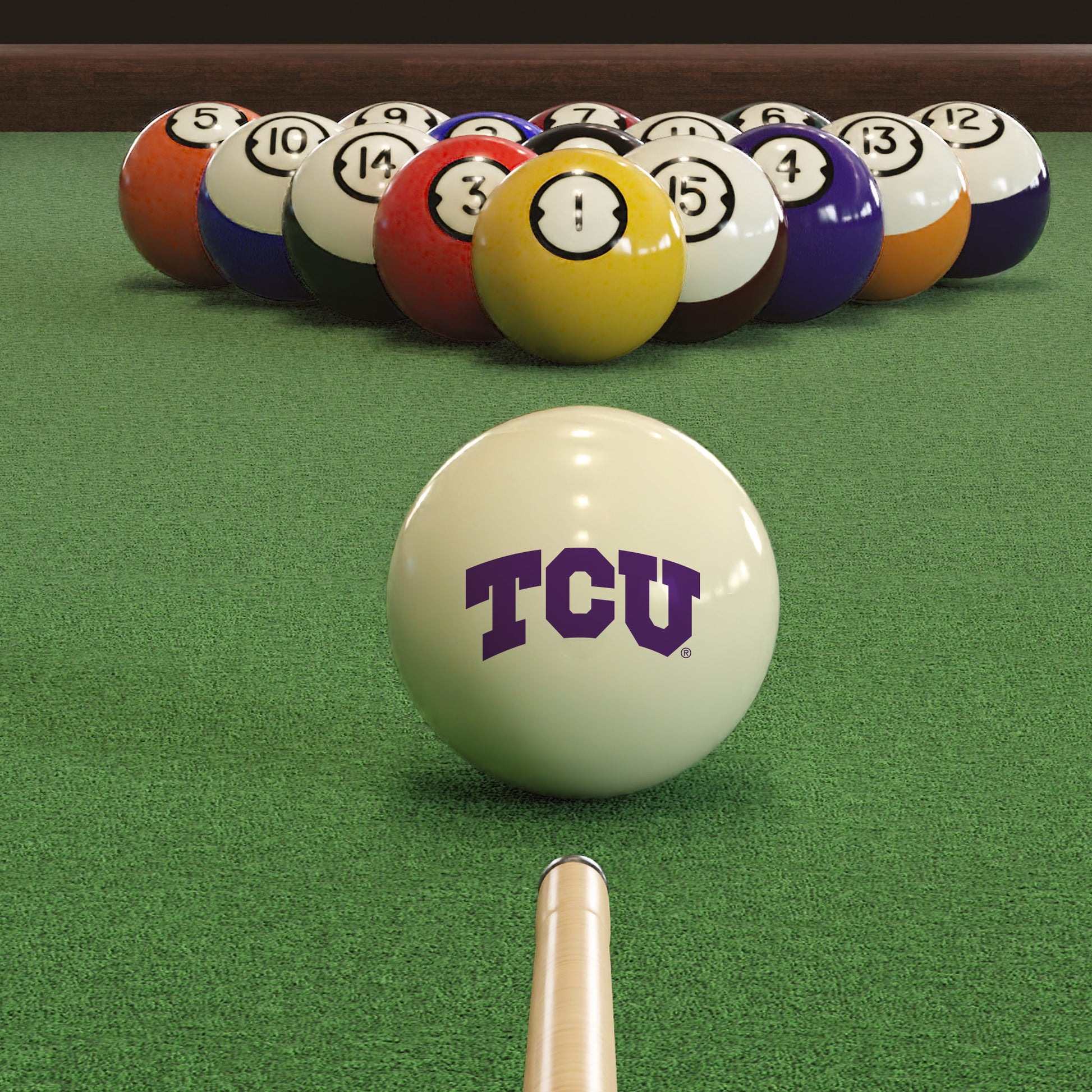 Official Tcu-Horned-Frogs-Pool-Cue-Ball Collegiate Cue Ball Lined Up on Green Felt Pool Table Surface with Billiard Ball Rack