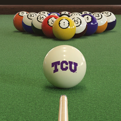Official Tcu-Horned-Frogs-Pool-Cue-Ball Collegiate Cue Ball Lined Up on Green Felt Pool Table Surface with Billiard Ball Rack