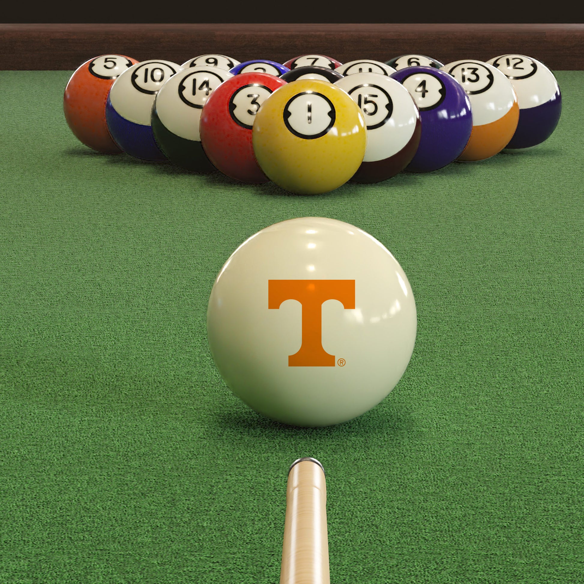 Official Tennessee-Volunteers-Pool-Cue-Ball Collegiate Cue Ball Lined Up on Green Felt Pool Table Surface with Billiard Ball Rack