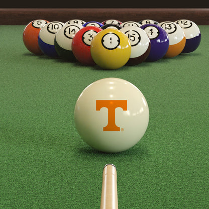 Official Tennessee-Volunteers-Pool-Cue-Ball Collegiate Cue Ball Lined Up on Green Felt Pool Table Surface with Billiard Ball Rack