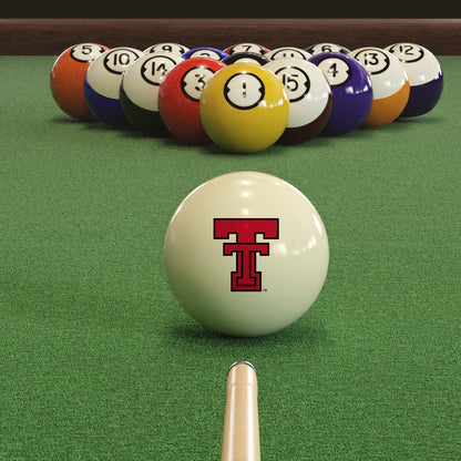 Official Texas-Tech-Red-Raiders-Pool-Cue-Ball Collegiate Cue Ball Lined Up on Green Felt Pool Table Surface with Billiard Ball Rack